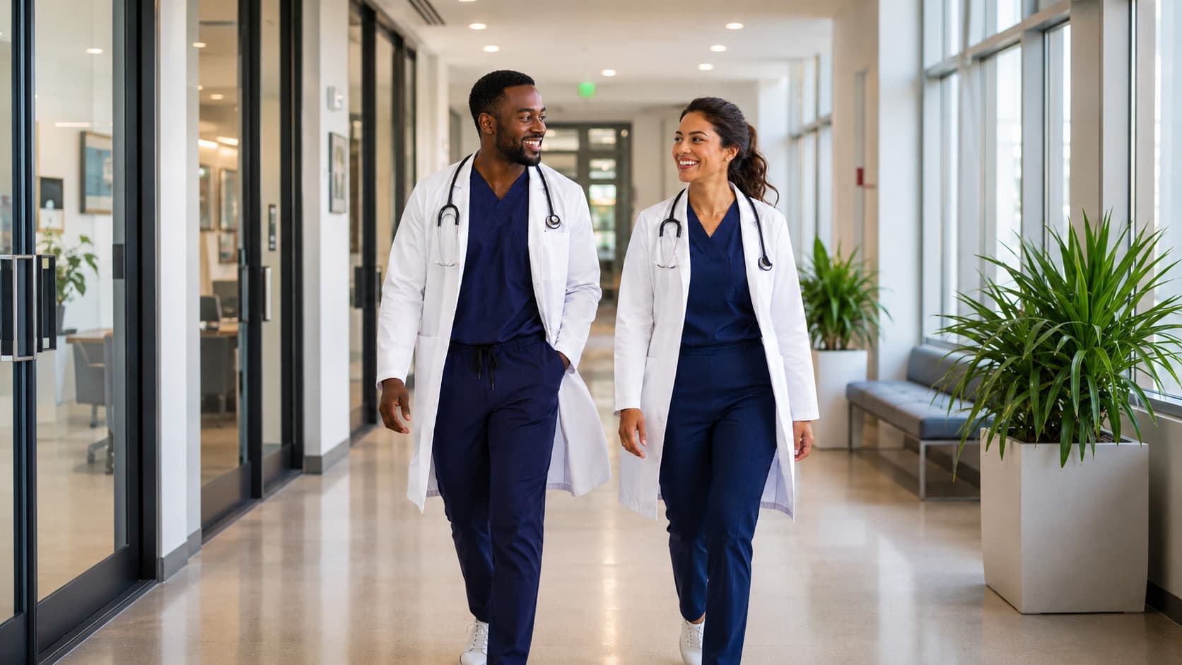 Two nurse practitioners walking together through a bright clinic corridor