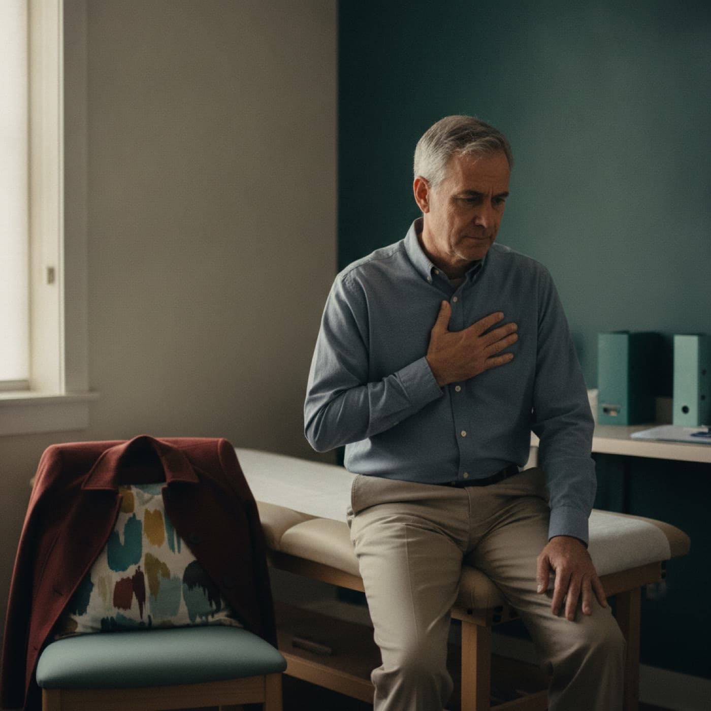 A man in his late fifties sitting on the edge of an exam table, one hand resting flat against his chest, looking down